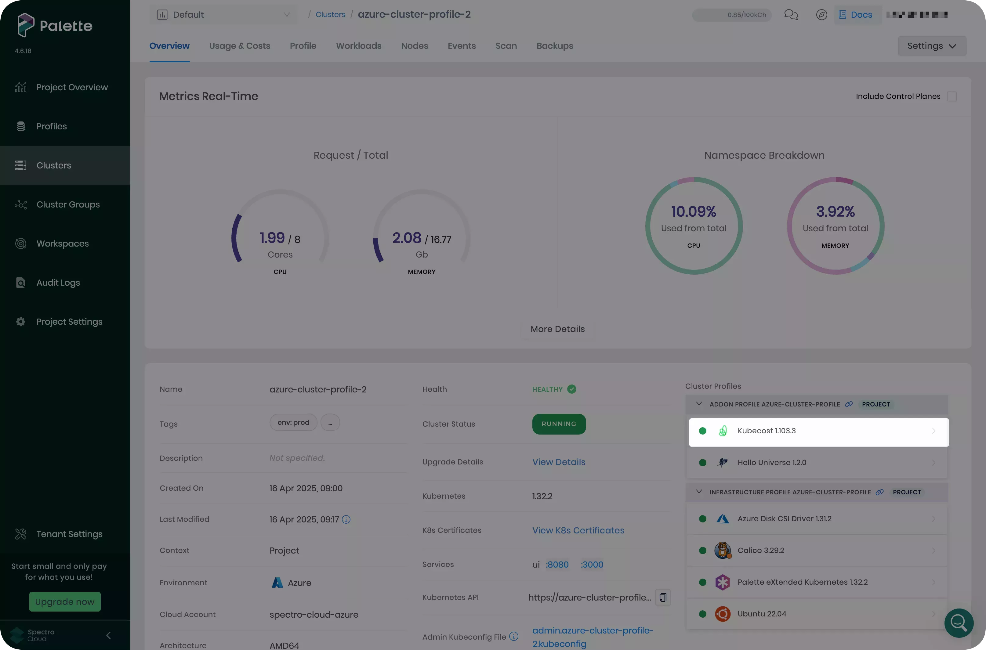 Image that shows the new cluster profile with Kubecost functional.