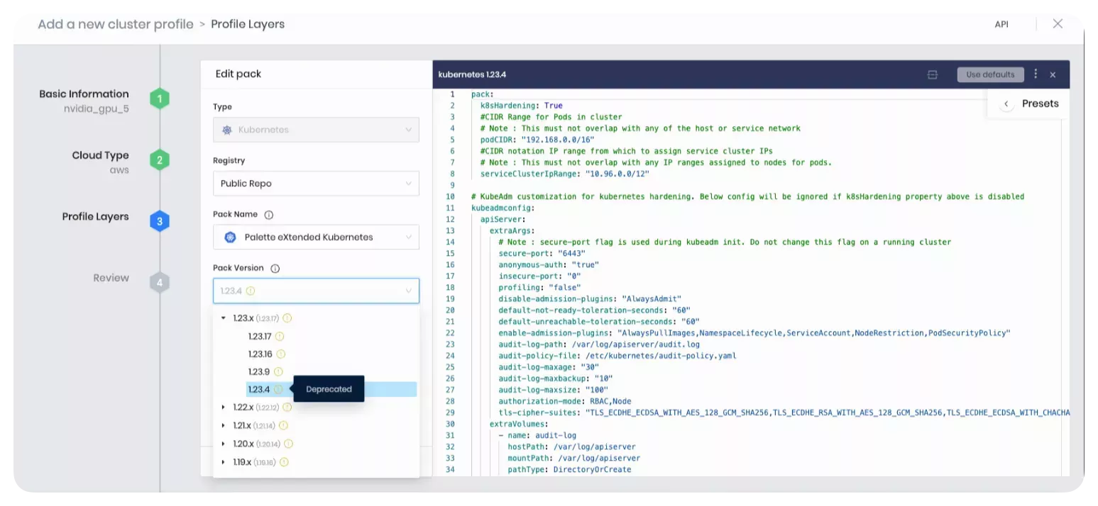 Screenshot showing how Palette indicates a pack's stage of deprecation.