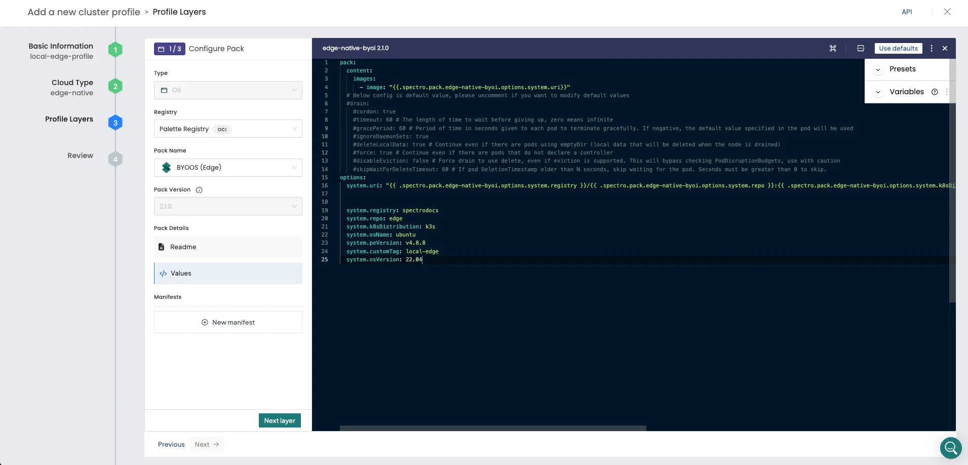 A screenshot of the BYOS values.