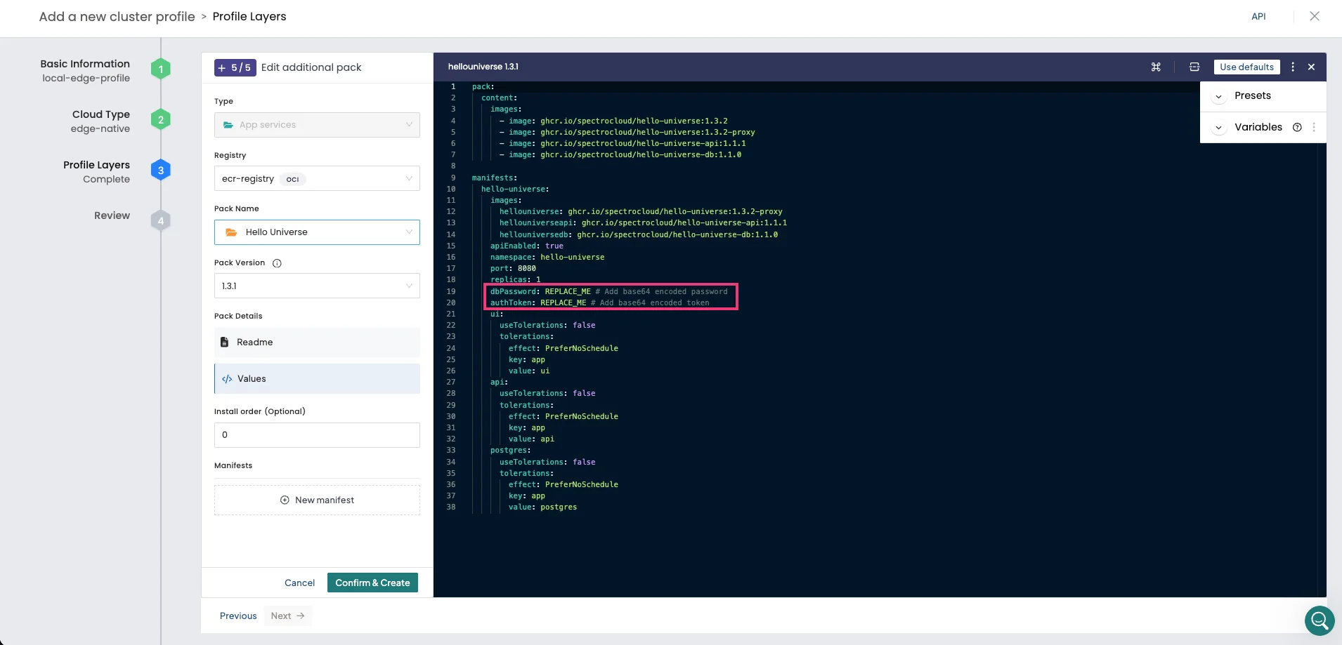 A screenshot of the Hello Universe values.