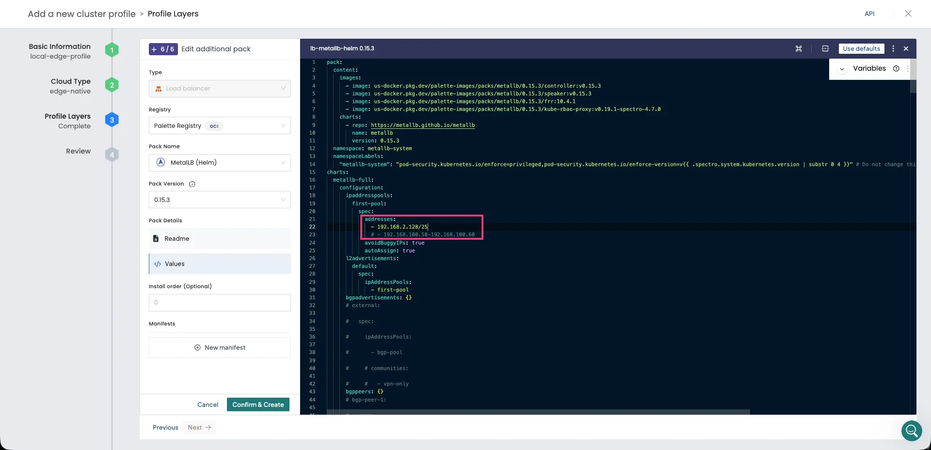A screenshot of the MetalLB values.