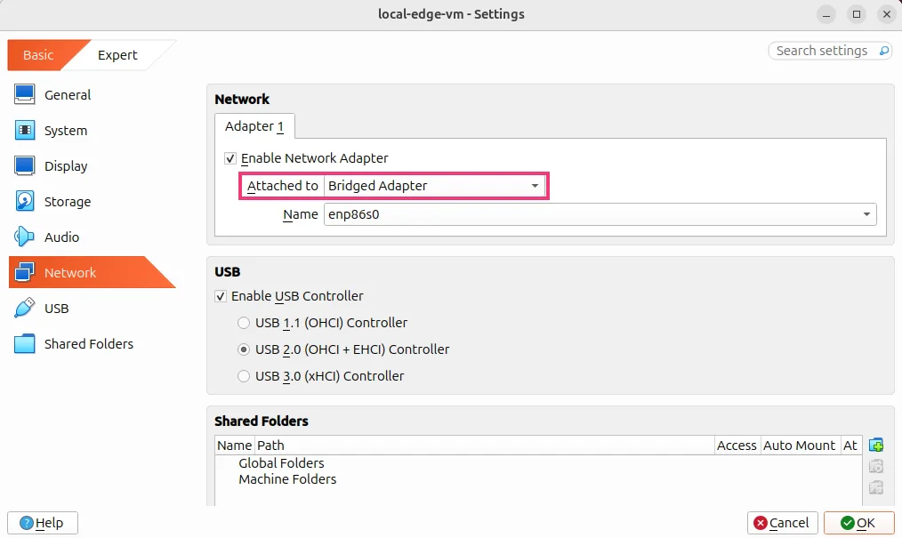 A screenshot of the VirtualBox VM network configuration.