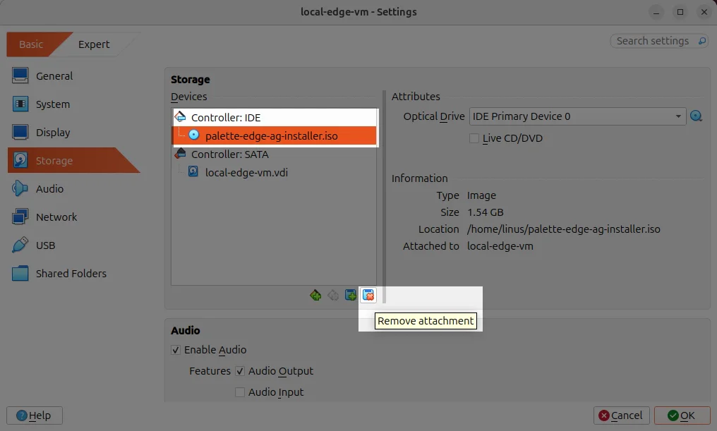 A screenshot of the VirtualBox VM storage configuration.